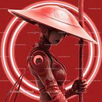 Futuristic Samurai in Neon Red Armor Holding Umbrella