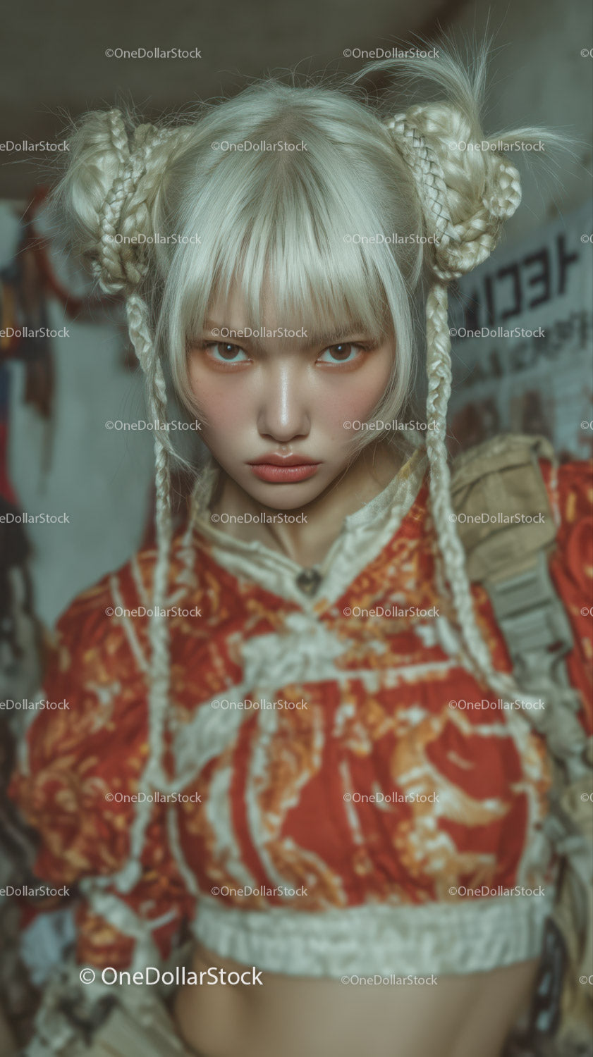 Female with Platinum Blonde Braided Hairstyle and Fierce Expression