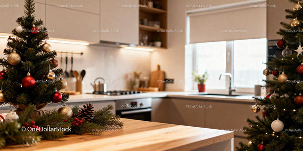 Cozy modern kitchen decorated with Christmas trees and ornaments