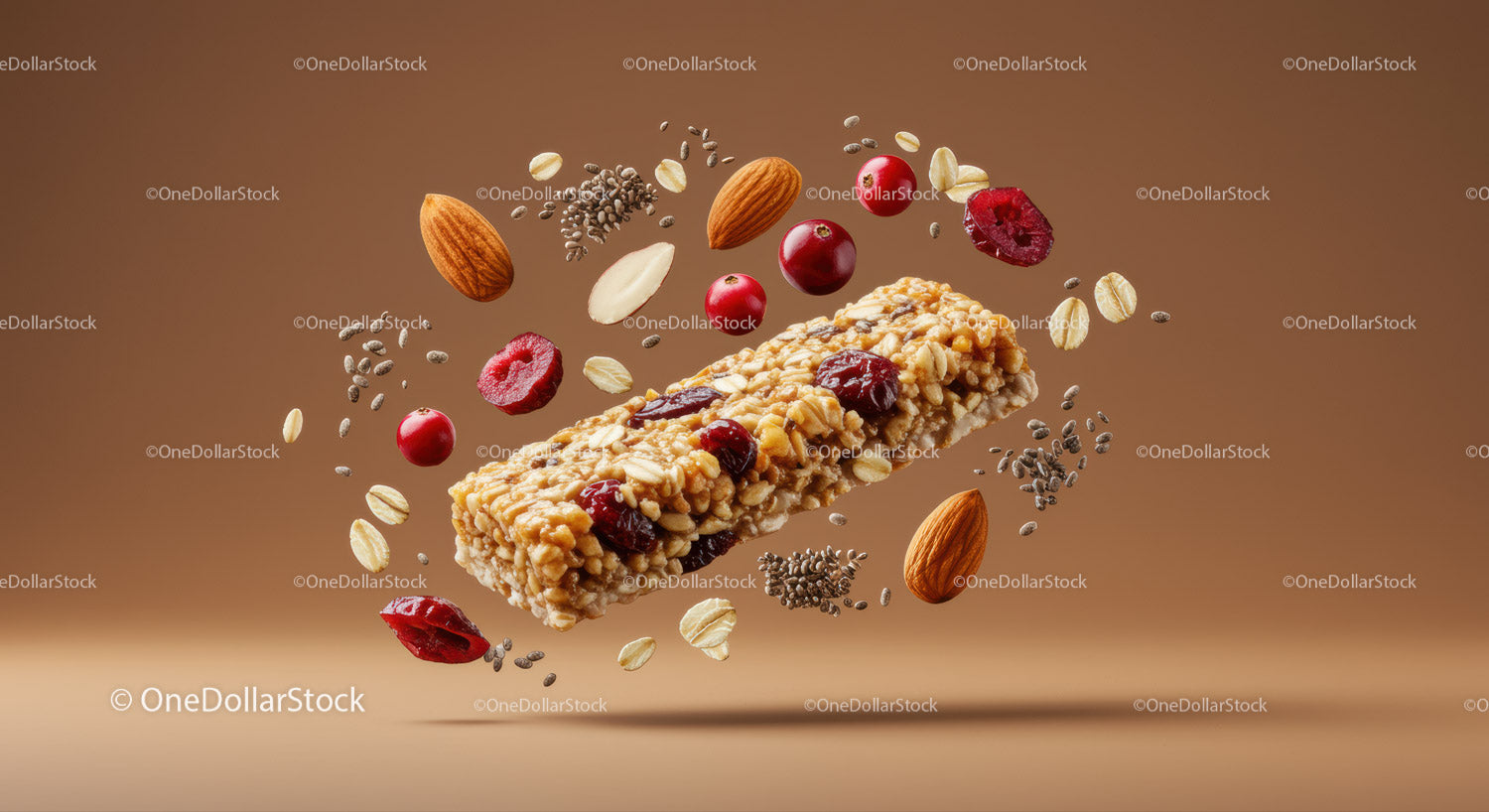 Zdrowy batonik granola z orzechami i suszonymi jagodami pływający w wodzie
