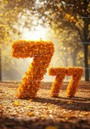 Autumn leaves forming number seven in forest park