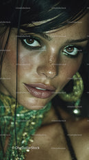 Elegant Woman with Freckles and Shimmering Eye Makeup