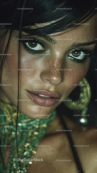 Elegant Woman with Freckles and Shimmering Eye Makeup