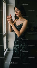 Young woman standing by window in thoughtful moment