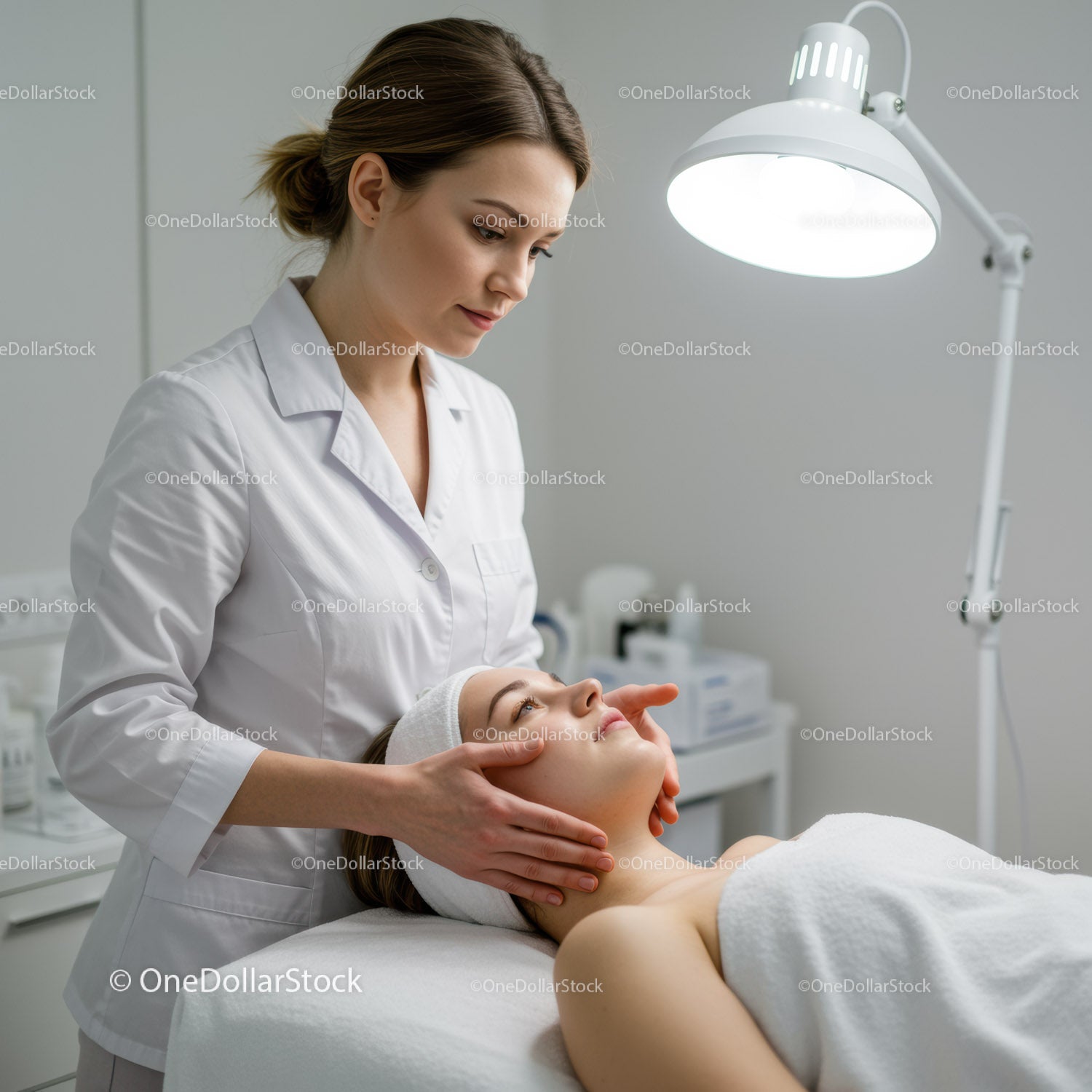 Professional Dermatologist Examining Woman's Skin in Skincare Clinic