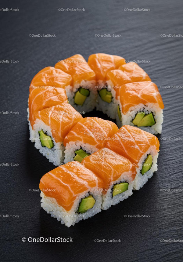 Fresh salmon sushi rolls with avocado on black plate