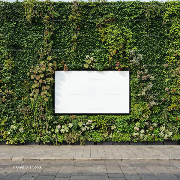 Blank white billboard on vibrant green living wall JPG Mockup Image
