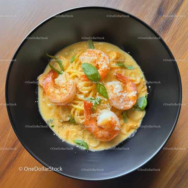 Seafood Pasta with Shrimp and Fresh Basil in Creamy Sauce