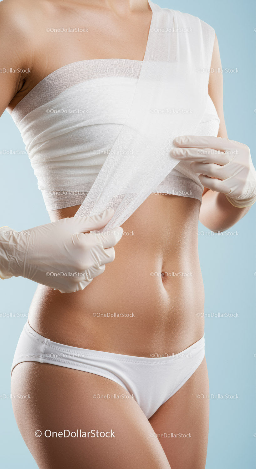 Woman Applying Adhesive Bandage to Abdomen for Wound Care and Healing