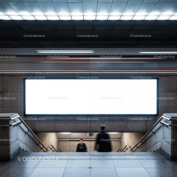 Blurred commuters in modern subway station stairway JPG Mockup Image