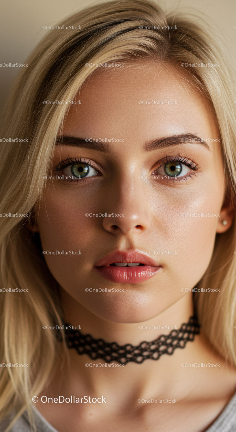 Portret z bliska młodej kobiety o niebieskich oczach i blond włosach