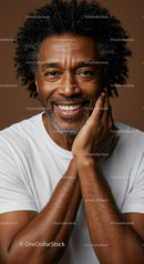 Joyful Senior Man with Curly Hair and Warm Smile in Close-Up Portrait