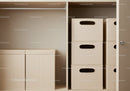 Organized Closet with Beige Storage Bins and Shelving System