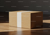 Minimalist brown cardboard box on wooden floor