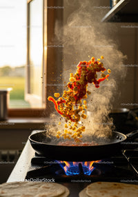 Sizzling vegetables tossed in pan over gas stove flame