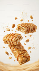 Crunchy peanut caramel energy bars with nuts splash