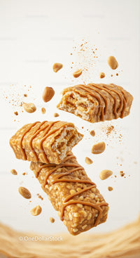 Crunchy peanut caramel energy bars with nuts splash