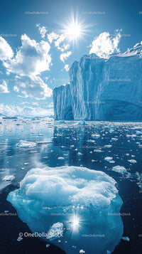 Majestic Iceberg and Glacier Scene Under Bright Sun in Polar Region