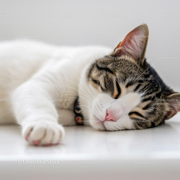 Peaceful tabby cat sleeping comfortably indoors