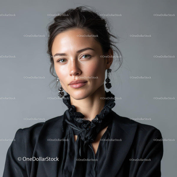 Elegancki Portret Kobiety w Czarnym Stroju i Kolczykach