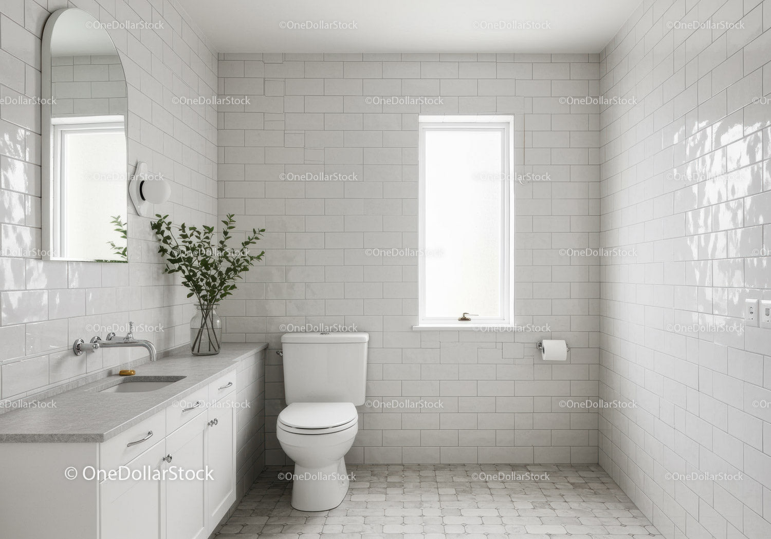 Bright White Tiled Bathroom with Modern Fixtures and Natural Light