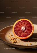 Close-up of juicy blood orange on beige plate