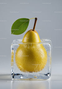 Fresh pear encased in clear ice cube with green leaf