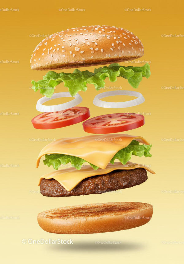 Cheeseburger ingredients floating with vibrant background