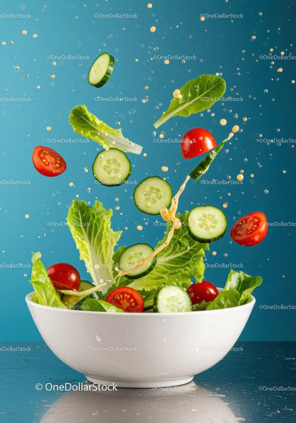 Fresh salad ingredients tossed in white bowl with dressing