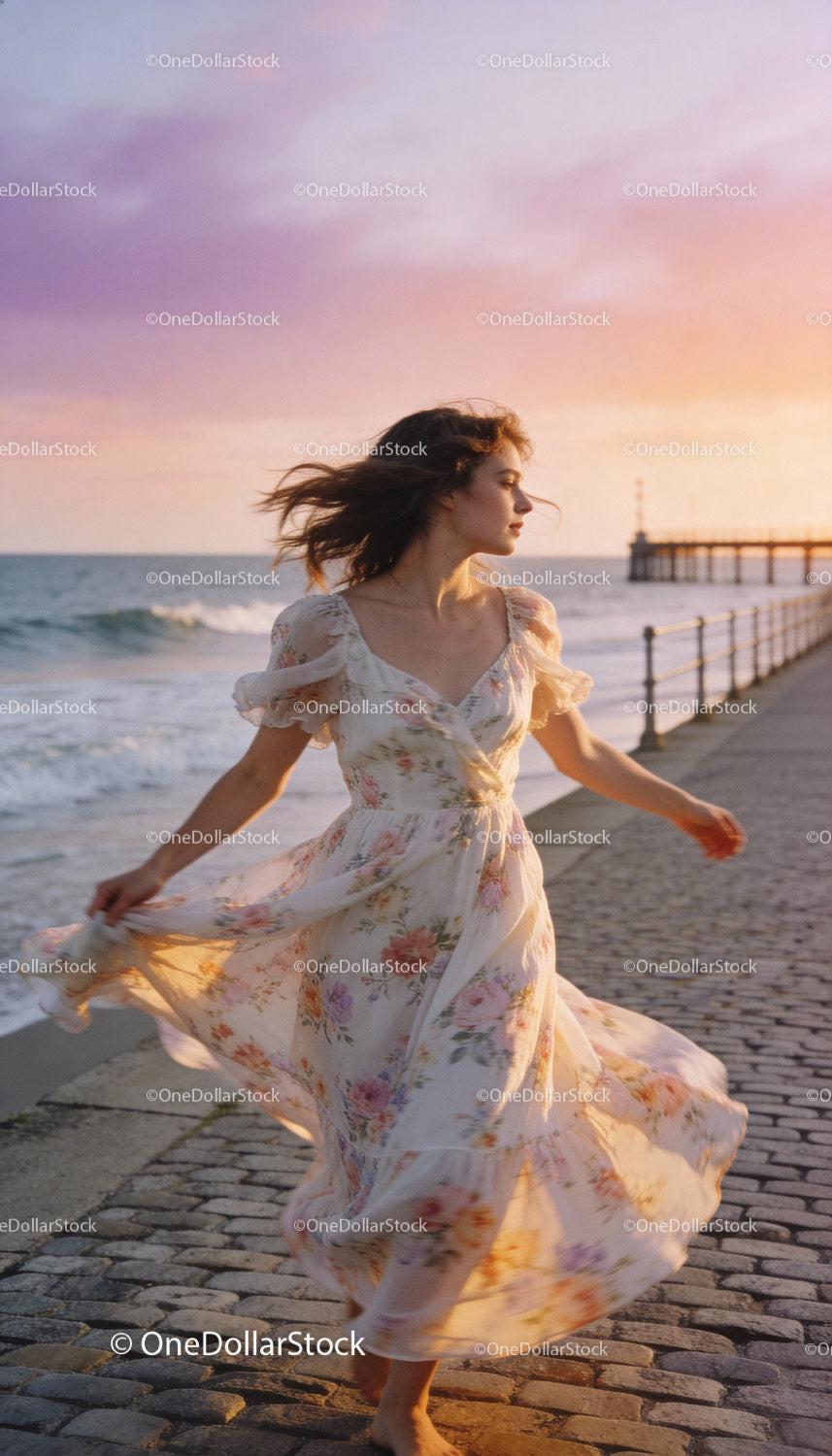 Woman twirling in floral dress by the seaside at sunset