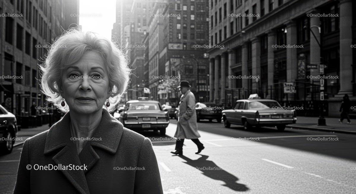 Elderly Woman in Busy City Street Surrounded by Vintage Cars