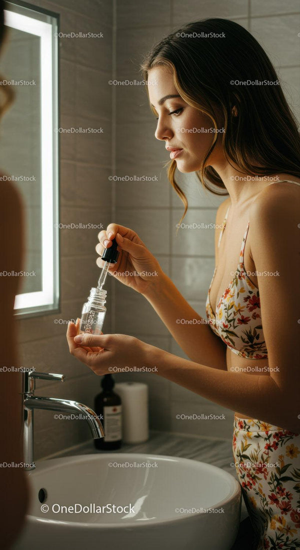 Young Woman Applying Skincare Serum in Bathroom