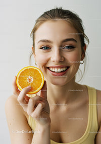 Young Woman with Bright Smile Holding Fresh Orange Fruit