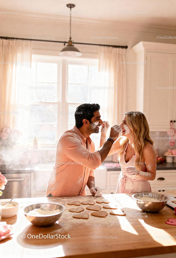 Couple Playfully Baking Heart-Shaped Cookies Together
