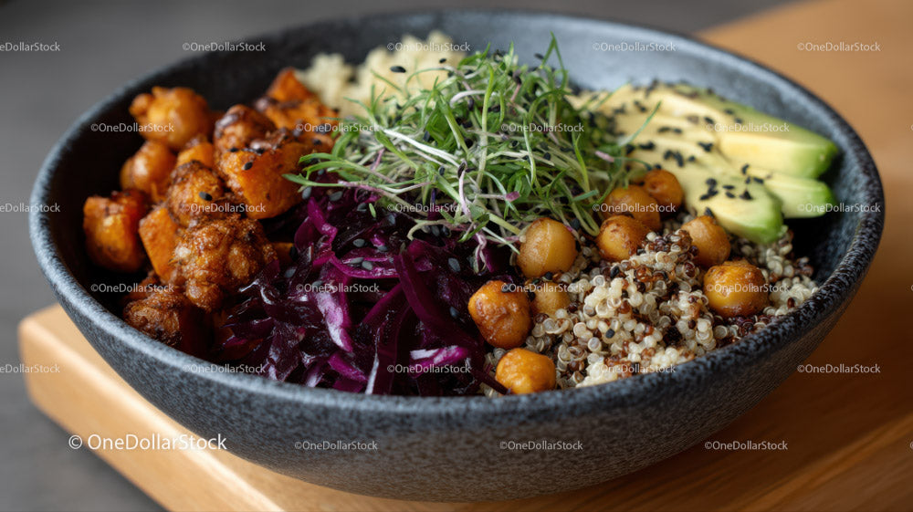 Colorful Quinoa Bowl with Chickpeas Cucumber and Microgreens