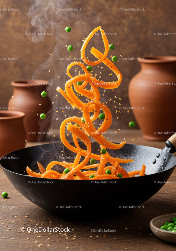 Steaming stir-fry with carrots and green peas in wok