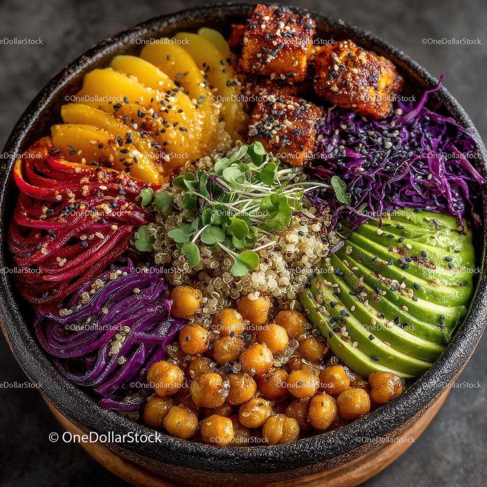 Colorful Buddha Bowl with Avocado Slices and Roasted Tofu