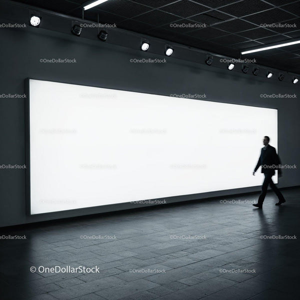 Man Walking Past Large Illuminated Advertising Display JPG Mockup Image