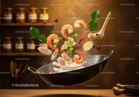 Fresh Shrimp and Aromatic Herbs Tossed in Wok