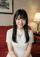 Portrait of Young Woman Wearing White Dress in Cozy Living Room