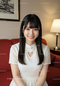 Portrait of Young Woman Wearing White Dress in Cozy Living Room