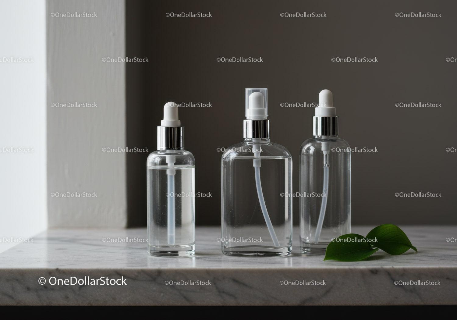 Minimalist clear cosmetic bottles with natural leaves