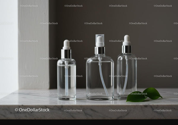 Minimalist clear cosmetic bottles with natural leaves JPG Mockup Image