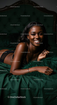Smiling woman relaxing on green velvet bed in lingerie