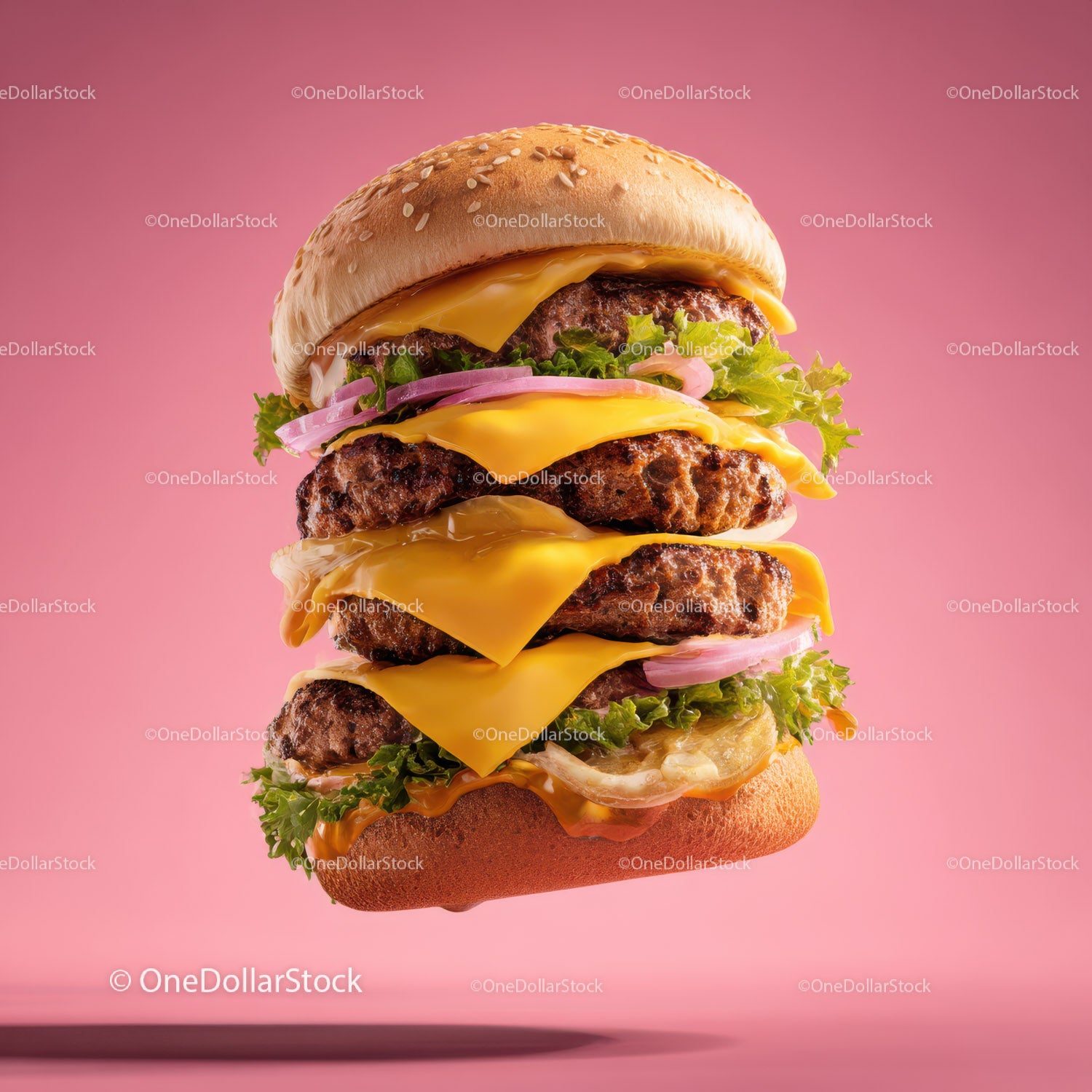 Stacked cheeseburgers with juicy beef patties and melted cheese