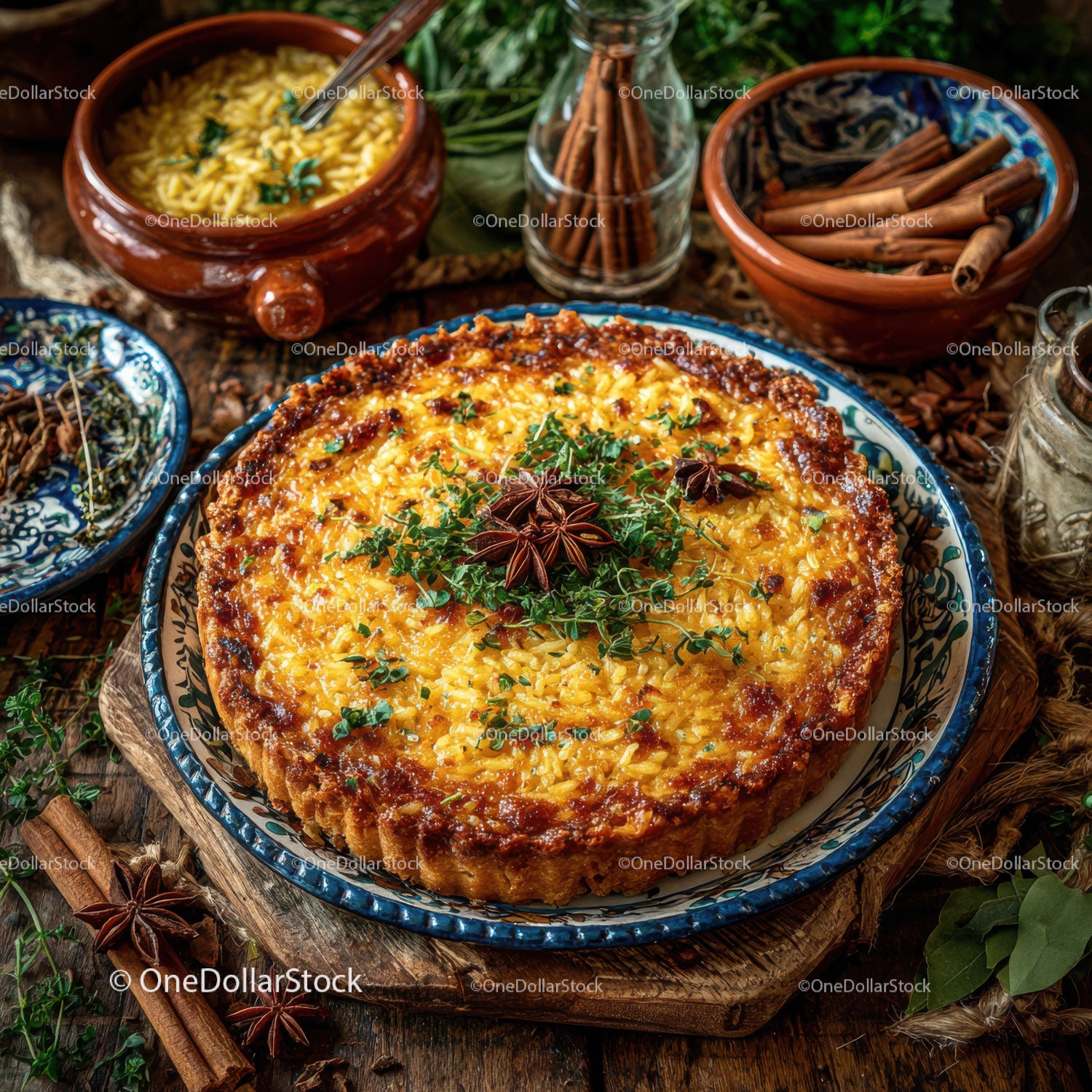 Rustic Baked Pie with Herbs and Spices on Wooden Table