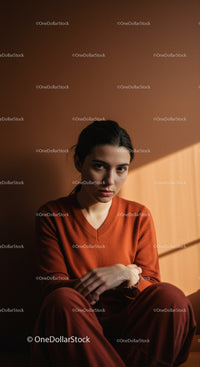 Confident Woman Wearing Orange Sweater Sitting Against Warm Wall