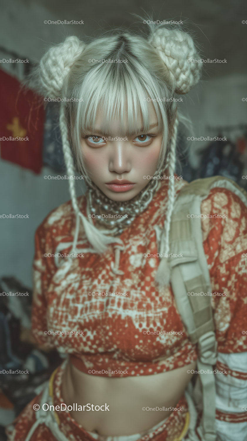 Young Woman with Braided Hair in Edgy Streetwear Fashion