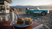 Beachside Vintage Car and Classic Fast Food Scene at Sunset
