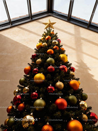 Elegant Christmas tree decorated with colorful baubles and star